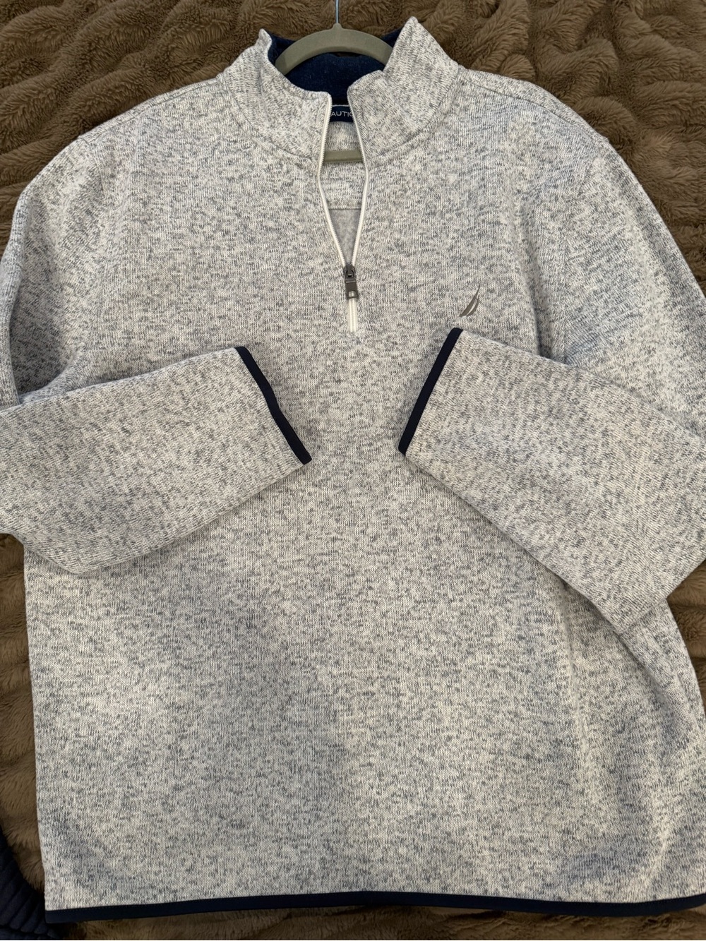 Nautica Men’s Heather Light Gray Quarter-Zip Pullover with Navy Trim